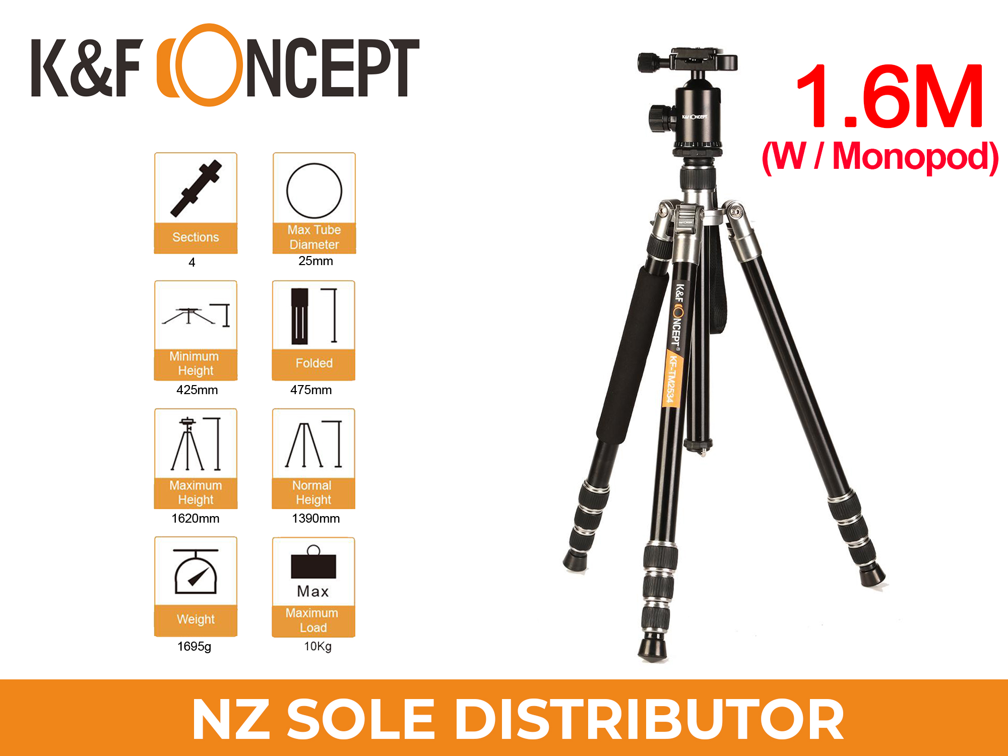 K&F Concept TM2534 Silver DSLR Camera Tripod Monopod Kit